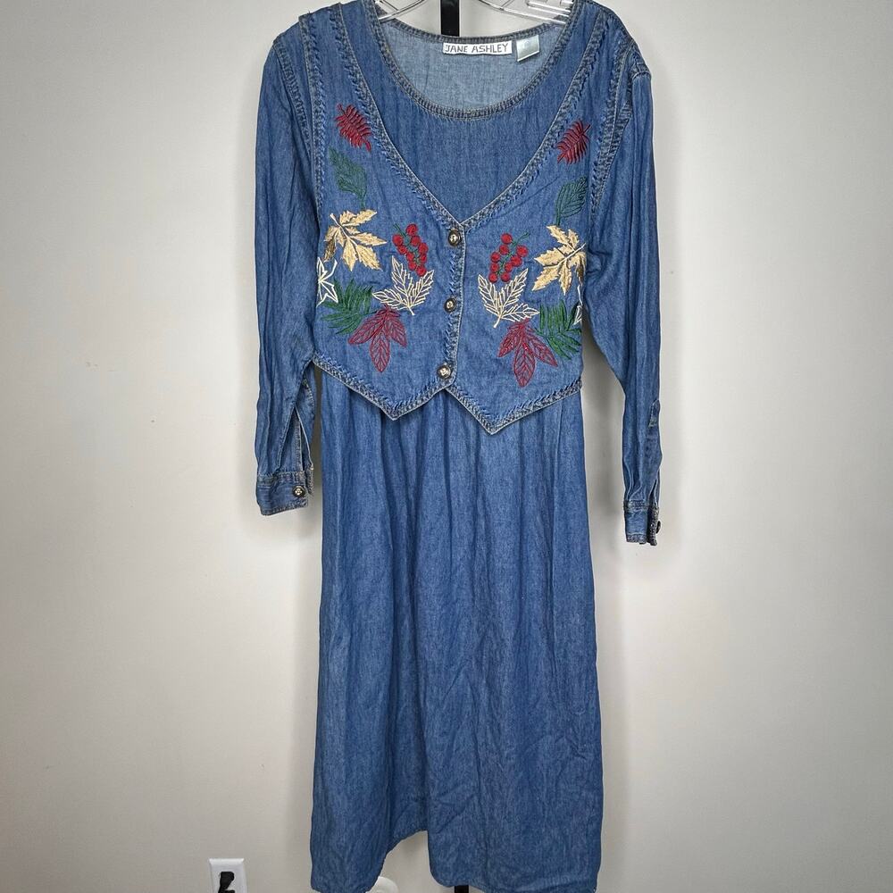 Vtg 90s JANE ASHLEY Medium‎ Denim Maxi Dress Vest Embroidery Cottage Modest Fall
